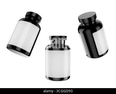 3D-Modell von drei glänzenden schwarzen Gläsern für Vitamine oder Nahrungsergänzungsmittel, isoliert auf weißem Hintergrund, mit leeren weißen Etiketten. Stockfoto