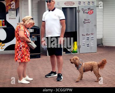 Ein Paar mit ihrem Hund an der Brighton Küste Stockfoto