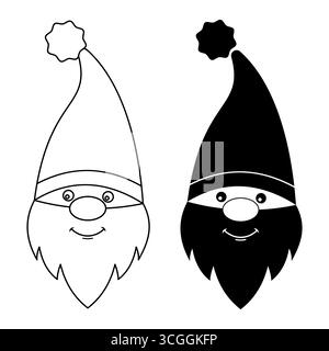 Niedliche Gnome Gesichtskontur und Silhouette Illustration. Ein fröhliches Zwerggesicht mit langem Bart und einem hohen, spitzen Hut mit einem flauschigen Bommel oben. Stock Vektor