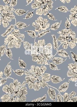 Das nahtlose Blumenmuster zeigt große, stilisierte weiße und rosafarbene Magnolienblüten mit einem durchscheinenden oder gespenstischen Aussehen auf einer massiven Terrakotta Stock Vektor