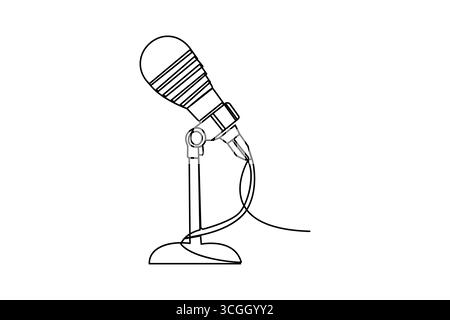 Mikrofon durchgehende einzeilige Zeichnung minimalistischer Umrissdarstellung isoliert auf weiß Stock Vektor