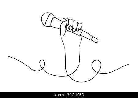 Mikrofon durchgehende einzeilige Zeichnung minimalistischer Umrissdarstellung isoliert auf weiß Stock Vektor