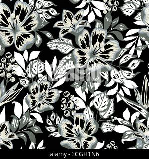 Das nahtlose Blumenmuster zeigt große, stilisierte weiße und rosafarbene Magnolienblüten mit einem durchscheinenden oder gespenstischen Aussehen auf einer massiven Terrakotta Stock Vektor