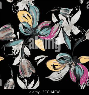 Das nahtlose Blumenmuster zeigt große, stilisierte weiße und rosafarbene Magnolienblüten mit einem durchscheinenden oder gespenstischen Aussehen auf einer massiven Terrakotta Stock Vektor