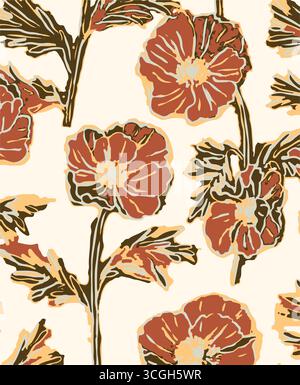 Das nahtlose Blumenmuster zeigt große, stilisierte weiße und rosafarbene Magnolienblüten mit einem durchscheinenden oder gespenstischen Aussehen auf einer massiven Terrakotta Stock Vektor