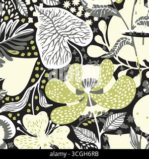 Das nahtlose Blumenmuster zeigt große, stilisierte weiße und rosafarbene Magnolienblüten mit einem durchscheinenden oder gespenstischen Aussehen auf einer massiven Terrakotta Stock Vektor