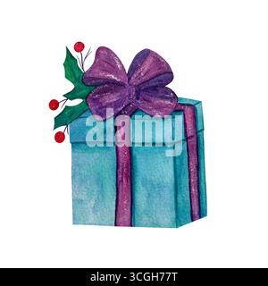 Aquarell Weihnachtsblau und grün Geschenkbox mit violettem Band und roten Beeren. Handgezeichnete Aquarellillustration Stockfoto