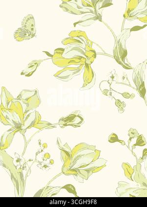 Das nahtlose Blumenmuster zeigt große, stilisierte weiße und rosafarbene Magnolienblüten mit einem durchscheinenden oder gespenstischen Aussehen auf einer massiven Terrakotta Stock Vektor