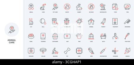 Tiergesundheit, Tierernährung und Tierpflege, Tierimpfstoff, Shop Line Icon Set. Liebe Hund und Katze, Fisch und Kaninchen Träger, Fußabdruck dünne schwarze und rote Umrisssymbole Vektorillustration Stock Vektor