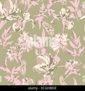 Das nahtlose Blumenmuster zeigt große, stilisierte weiße und rosafarbene Magnolienblüten mit einem durchscheinenden oder gespenstischen Aussehen auf einer massiven Terrakotta Stock Vektor