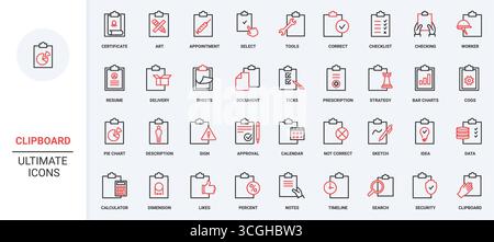 Dokument in Zwischenablage, Umfrageliste, Zeitplan und Terminplan in der Zeile mit Symbolen. Medizinische Verordnung, Kontrollplan-Checkliste mit Büroausstattung dünne schwarze und rote Umrisssymbole Vektorillustration Stock Vektor