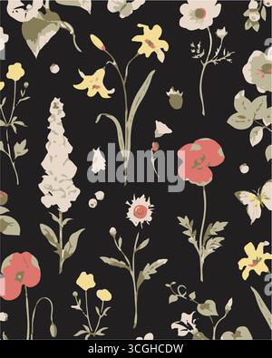 Das nahtlose Blumenmuster zeigt große, stilisierte weiße und rosafarbene Magnolienblüten mit einem durchscheinenden oder gespenstischen Aussehen auf einer massiven Terrakotta Stock Vektor