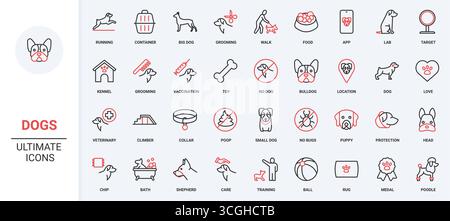 Hundepflege und Fütterung, Tierarzt-Impfstoff, Liebe zu Tier Linie Symbol Set. Hündchengesicht, Gehen mit Besitzer, Training Befehl Sprünge und Agilität mit Hindernis dünne schwarze und rote Umrisssymbole Vektor Illustration Stock Vektor