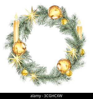 Aquarell Weihnachtsdekoration, Kranz aus goldenen Weihnachtskugeln, Kugeln, Sterne, Kerzen, handgezeichnete Skizze von grünen Tannenzweigen, Weihnachtsbaum zu Stockfoto