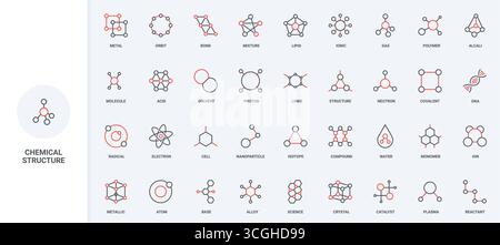 Chemische Struktur des Moleküls und Atoms, Symbolgruppe der Stofflinie. Schematische Molekülmodelle mit Netzwerk und Ketten zur Analyse dünne schwarze und rote Umrisssymbole Vektorillustration Stock Vektor