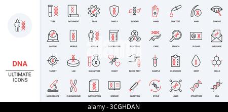 Genetische Forschung, humane DNA- und Gensuche, Symbolsatz für E-Mail-Berichtszeilen. Wissenschaftliche Laboranalyse von Proben mit Vergrößerungsglas und Mikroskop dünne schwarze und rote Umrisssymbole Vektorillustration Stock Vektor