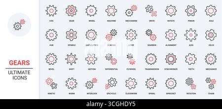 Zahnräder und Zahnräder aus Metall, Werksmaschine, mechanisches System und Statuslinie. Bedienung, Einstellungen und Konfigurationstaste dünne schwarze und rote Umrisssymbole Vektorgrafik Stock Vektor