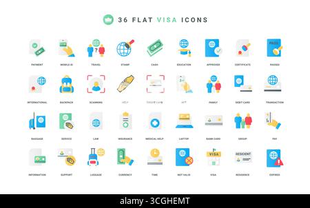 Genehmigung des internationalen Touristen- oder Studentenvisums, Krankenversicherung für Reisen, Service Farbe Symbol Set. Stempel im Reisepass, Häkchen eines gültigen Dokuments, abgelaufene Vektorgrafik für flache Elemente Stock Vektor
