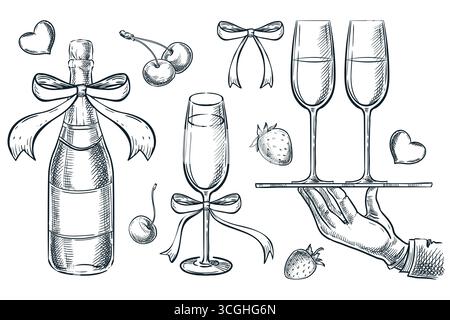 Vektorskizze Illustration Set mit Champagnerflasche, Schleife, Glas, Kellnertablett mit Getränken, Kirsche, Erdbeere. Handgezeichnetes Festtagsdesign e Stock Vektor