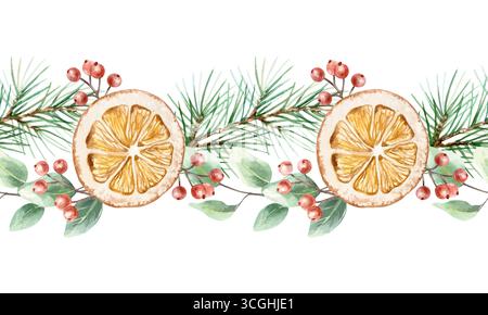 Aquarelle mit nahtlosem Weihnachtsrand. Tannenzweige, Orangenscheiben, rote Beeren und grüne Eukalyptusblätter. Handgezeichnete Pastell-Illustration für New Yea Stock Vektor