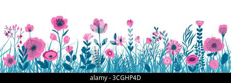 Horizontales, nahtloses Banner mit blühenden Blumen und Blättern. Frühlingsblumen im Hintergrund. Illustration des flachen Vektors auf weißem Hintergrund Stock Vektor