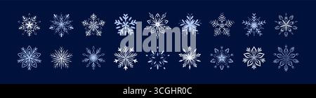 Set aus Buntstift, Bleistift, Kreide, Kohle, Pastellfarben handgezeichnete Schneeflocken auf dunkelblauem Hintergrund. Kinder Schneeflocke kritzelt und dehnt sich auf Tafel. W Stock Vektor
