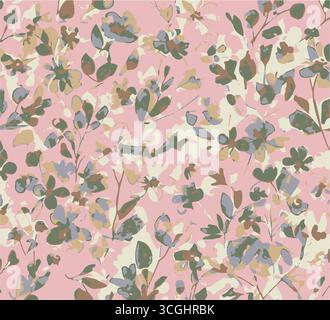 Handgezeichnetes, flaches Blumenmuster. Abstrakter floraler Hintergrund mit Blumen und Blättern. Handgezeichnete moderne Kunst. Vintage Bio handgezeichnet na Stock Vektor