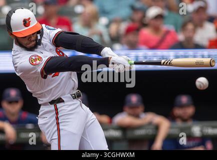 Baltimore, USA. August 2025. BALTIMORE, MD - 28. AUGUST: Baltimore Orioles zweite Base Jeremiah Jackson (82) bei einem MLB-Spiel zwischen den Baltimore Orioles und den Boston Red Sox am 28. August 2025 im Oriole Park in Camden Yards in Baltimore, Maryland. (Foto: Tony Quinn/SipaUSA) Credit: SIPA USA/Alamy Live News Stockfoto