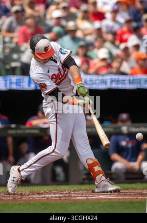 Baltimore, USA. August 2025. BALTIMORE, MD - 28. AUGUST: Baltimore Orioles erste Basis Ryan Mountcastle (6) bei einem MLB-Spiel zwischen den Baltimore Orioles und den Boston Red Sox am 28. August 2025 im Oriole Park in Camden Yards in Baltimore, Maryland. (Foto: Tony Quinn/SipaUSA) Credit: SIPA USA/Alamy Live News Stockfoto