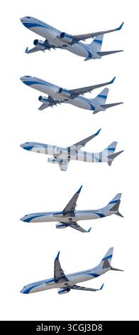 Fotocollage von Flugzeugen aus verschiedenen Winkeln isoliert auf weißem Hintergrund Stockfoto