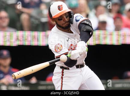 Baltimore, USA. August 2025. BALTIMORE, MD - 28. AUGUST: Baltimore Orioles zweite Base Jeremiah Jackson (82) bei einem MLB-Spiel zwischen den Baltimore Orioles und den Boston Red Sox am 28. August 2025 im Oriole Park in Camden Yards in Baltimore, Maryland. (Foto: Tony Quinn/SipaUSA) Credit: SIPA USA/Alamy Live News Stockfoto
