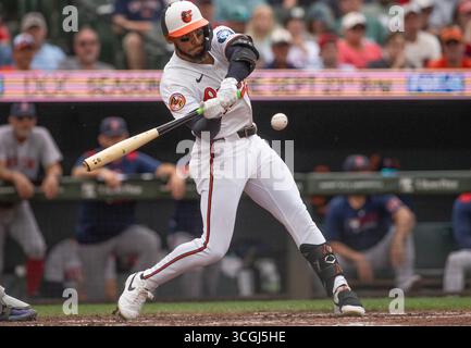 Baltimore, USA. August 2025. BALTIMORE, MD - 28. AUGUST: Baltimore Orioles zweite Base Jeremiah Jackson (82) bei einem MLB-Spiel zwischen den Baltimore Orioles und den Boston Red Sox am 28. August 2025 im Oriole Park in Camden Yards in Baltimore, Maryland. (Foto: Tony Quinn/SipaUSA) Credit: SIPA USA/Alamy Live News Stockfoto