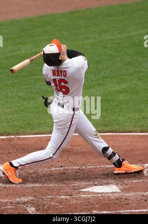 Baltimore, USA. August 2025. BALTIMORE, MD - 28. AUGUST: Baltimore Orioles erster Base Coby Mayo (16) bei bat während eines MLB-Spiels zwischen den Baltimore Orioles und den Boston Red Sox am 28. August 2025 im Oriole Park in Camden Yards in Baltimore, Maryland. (Foto: Tony Quinn/SipaUSA) Credit: SIPA USA/Alamy Live News Stockfoto