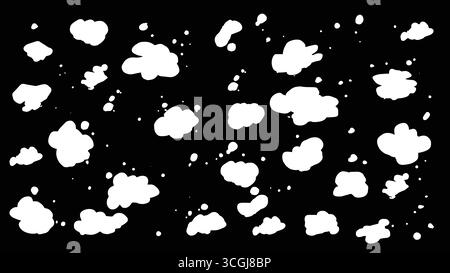 Schwarzer Hintergrund mit weichen weißen Wolken unterschiedlicher Formen. Leichtes, luftiges Dekorationsmuster für eine traumhafte und stimmungsvolle Textur. Stock Vektor