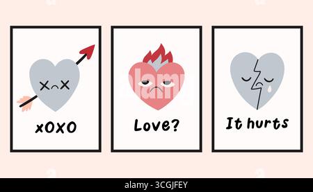 Trendige Muster für Valentinstag und Liebeskarte, Banner, Poster, Cover Set. Süße, traurige und gebrochene Maskottchen mit Herz und Zitaten Stock Vektor