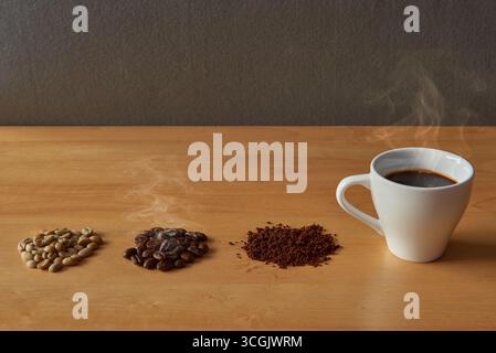 Der Kaffeezubereitungsprozess wird in vier Stufen dargestellt: Rohe grüne Bohnen, geröstete Bohnen, gemahlener Kaffee und eine frisch gebrühte heiße Tasse. Ein Konzept für das ganze Stockfoto