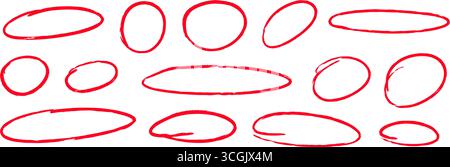 Roter handgezeichneter Kreis. Sammlung von Ellipsen, runden und ovalen skizzierten Rahmen. Umkreisen Sie das Elementpaket. Rote Markierungsschilder für Markierung, Hervorhebung, Akzent, Hervorhebung. Gekritzelte Ränder. Vektor Stock Vektor