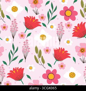 Nahtloses Blumenmuster mit roten und weißen und rosa Blumen, Beeren und Blättern auf rosa Hintergrund. Niedliches botanisches Design für Stoff, Schreibwaren und Stock Vektor
