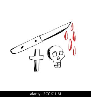 Handgezeichnetes halloween-Doodle-Set mit Messer, Blutschädel und Kreuz im gruseligen Sketch-Stil für Horror-okkulte und Gothic-Design-Projekte Stock Vektor