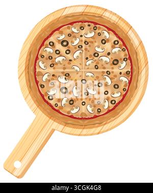 Top-down-Vektor von geschnittener vegetarischer Pizza mit Pilzen und Oliven auf hölzernem Servierbrett. Stock Vektor