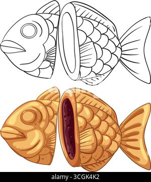 Vektorillustration von Taiyaki-Gebäck, Querschnitt mit Füllung aus roten Bohnen, farbigen und umrissenen Versionen Stock Vektor