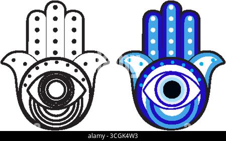 Stilisierte Hamsa Hand mit zentralem bösen Auge, kräftigen Umrissen, blauer Farbpalette, Vektorformat Stock Vektor