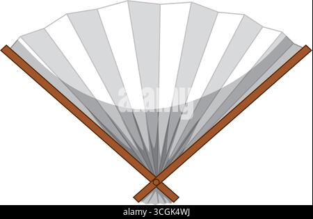 Minimalistischer Vektor des offenen japanischen Faltventilators, braune Holzrippen, neutrales graues Papier, flacher Stil Stock Vektor
