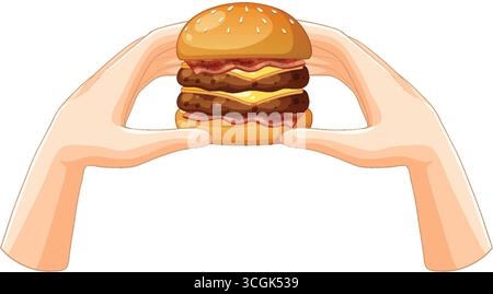 Vektor-Illustration der Hände, die einen doppelten Speck Cheeseburger mit Salat halten, isoliert auf weißem Hintergrund. Stock Vektor