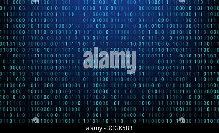 Digitaler Hintergrund mit blauem Binärcode-Muster, das in einer dunklen abstrakten Matrix leuchtet, ideal für Technologiethemen, Internet-Sicherheitsprogrammierung und Stock Vektor
