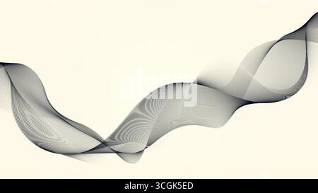 Minimalistischer abstrakter Hintergrund mit fließender schwarzer Welle aus feinen transparenten Linien auf einem weichen, weißen Hintergrund, der ein elegantes und modernes Design schafft Stock Vektor