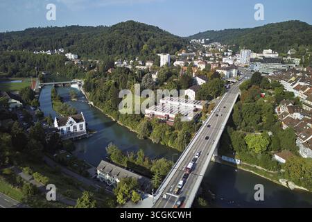 Hohe Brücke von oben über die Limmat, Baden, Kanton, Aargau, Schweiz Stockfoto