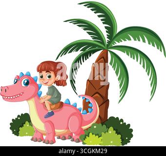Fröhliches Mädchen, das auf einem pinkfarbenen Dinosaurier mit blauen Spitzen, Palmen und Büschen sitzt. Stock Vektor