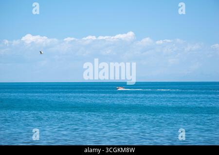 Ein Boot fährt über das klare Wasser des Qinghai-Sees, während ein Vogel in die Höhe steigt, Teil einer friedlichen Reise Stockfoto