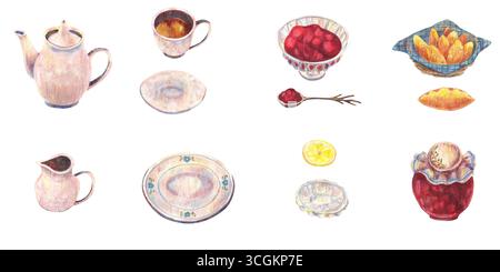 Teekanne rosa Tasse mit Teller, Milchkanne, Fruchtmarmelade in Schüssel und Glas, Löffel Zitronenscheibe, Kuchen auf blau karierter Serviette im Korb. Aquarellset. Für Tee p Stockfoto